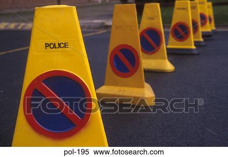 Stock Photography - Line of No Waiting Traffic Cones UK. Fotosearch