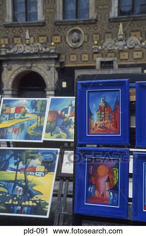 Stock Image - Paintings on Display Montmartre Warsaw Old Town Poland. Fotosearch
