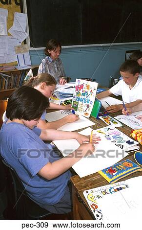 Stock Photo - School Children in Art Class Wales UK. Fotosearch