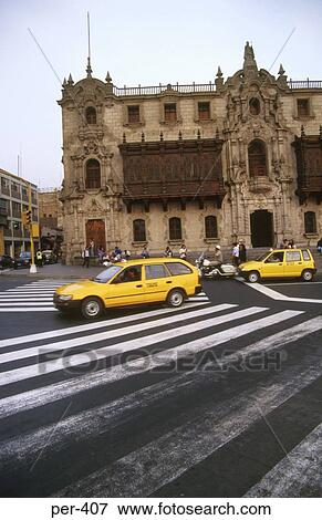 Taxis at the Plaza de Armas Lima Peru View Large Photo Image Stock Photo - Taxis at the Plaza de Armas Lima Peru. Fotosearch