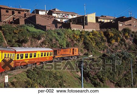 Train Moving Through Mountain Village Peru View Large Photo Image Stock Image - Train Moving Through Mountain Village Peru. Fotosearch