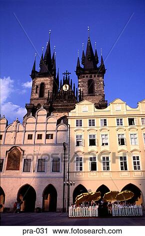 Stock Image - Tyn Church and Music School Old Town Square Prague. Fotosearch