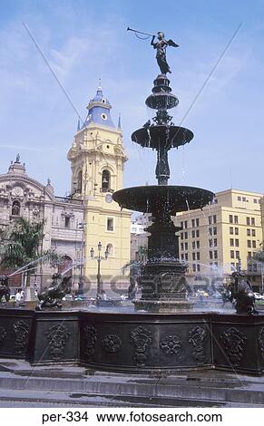 Picture - View of Fountain in Plaza de Armas Lima Peru. Fotosearch