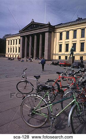 Stock Photo - Bicycles outside University Building Oslo Norway. Fotosearch