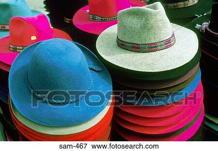 Stock Photo - Hats on Display in Market Stall Ecuador. Fotosearch
