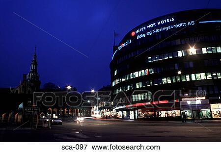 Hotel and Oslo Street at Night Norway View Large Photo Image Stock Photo - Hotel and Oslo Street at Night Norway. Fotosearch