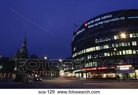Hotel and Oslo Street at Night Norway View Large Photo Image Stock Photo - Hotel and Oslo Street at Night Norway. Fotosearch