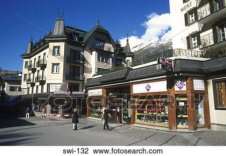 Stock Image - Shops Zermatt Switzerland. Fotosearch