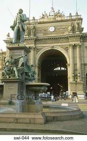 Statue of Albert Escher and Hauptbahnhof Zurich Switzerland View Large Photo Image Picture - Statue of Albert Escher and Hauptbahnhof Zurich Switzerland. Fotosearch