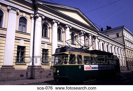 Stock Photograph - Tram Outside President's Palace Helsinki Finland. Fotosearch