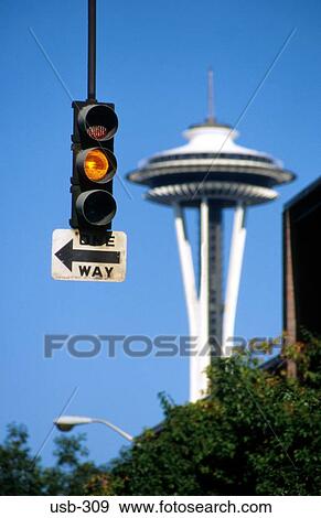 Amber Traffic Light and Space Needle Seattle USA View Large Photo Image Stock Photo - Amber Traffic Light and Space Needle Seattle USA. Fotosearch