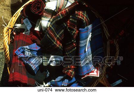 Picture - Basket of Tartans Scotland. Fotosearch