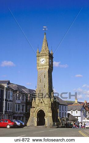 Stock Image - Castlereagh Memorial Clocktower Machynlleth Wales UK. Fotosearch