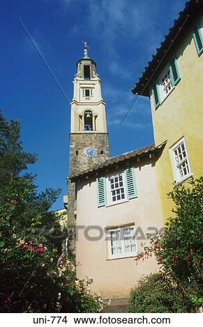 Cottages and Bell Tower Portmeirion Wales UK View Large Photo Image Picture - Cottages and Bell Tower Portmeirion Wales UK. Fotosearch