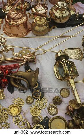 Display of Brasswork on Stall UK View Large Photo Image Stock Image - Display of Brasswork on Stall UK. Fotosearch