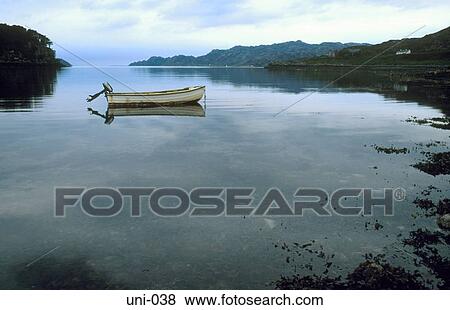 Empty Boat on Still Loch Scotland View Large Photo Image Stock Photo - Empty Boat on Still Loch Scotland. Fotosearch