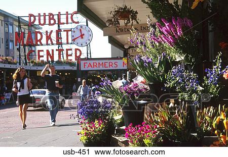 Stock Image - Flower Stall at Seattle Public Market USA. Fotosearch