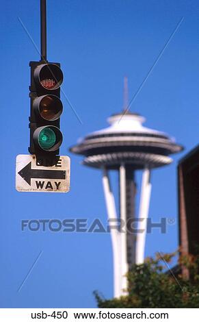 Stock Image - Green Light by Space Needle Seattle USA. Fotosearch