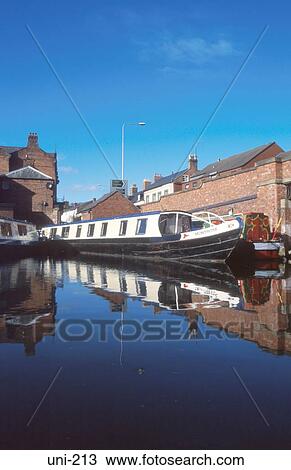Stock Image - Narrowboats in Basin Welshpool UK. Fotosearch