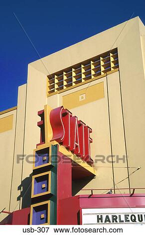 Neon 'State' Sign on Art Deco Cinema Olympia USA View Large Photo Image Stock Photo - Neon 'State' Sign on Art Deco Cinema Olympia USA. Fotosearch