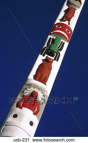 Stock Image - Painted Totem Pole Olympia Washington State USA. Fotosearch
