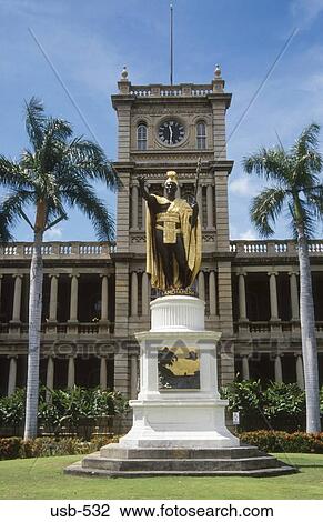 Stock Image - Statue of King Kamehameha the Great I in front of the Judiciary Building Honolulu Oahu Hawaii USA. Fotosearch