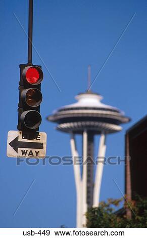 Stock Photo - Stop Traffic Light by Space Needle Seattle USA. Fotosearch