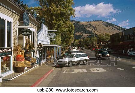 Stock Image - Street in Small Rural Town Wyoming USA. Fotosearch
