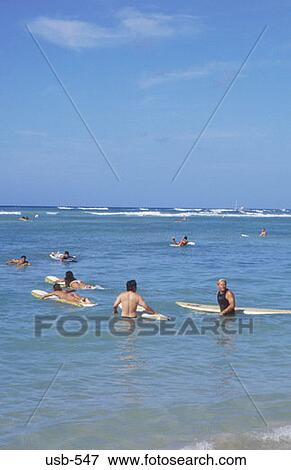 Surfers Waikiki Beach Oahu Hawaii USA View Large Photo Image Stock Photo - Surfers Waikiki Beach Oahu Hawaii USA. Fotosearch