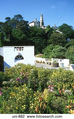 Stock Image - View across Gardens Portmeirion Wales UK. Fotosearch
