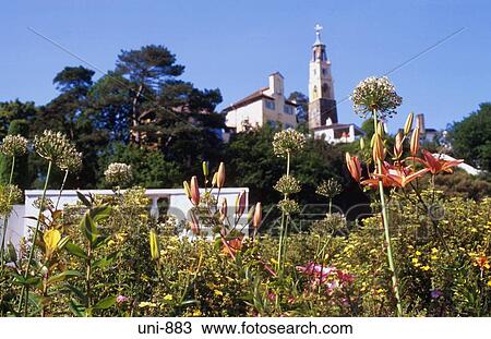 Stock Image - View across Gardens Portmeirion Wales UK. Fotosearch