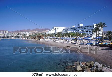 Stock Image - BEACH, Buildings, East, Eilat, Front. Fotosearch