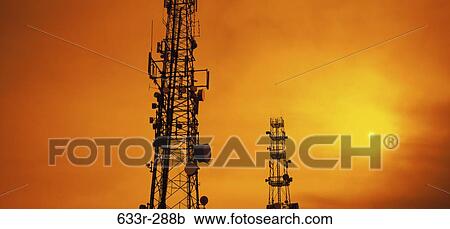 Stock Image - industry, silhouette, towers, communication, antennas, radio towers. Fotosearch