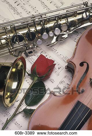 Stock Photo - music, rose, violin, romantic, arts, romance, still life. Fotosearch