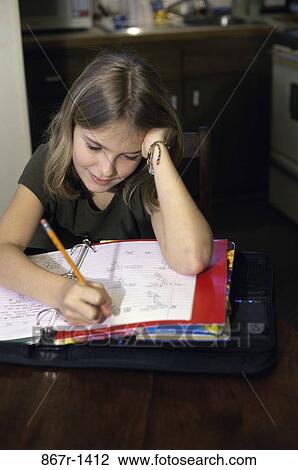 people, homework, studying, girl, writing, child, brunette View Large Photo Image Stock Image - people, homework, studying, girl, writing, child, brunette. Fotosearch