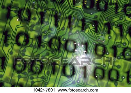 Stock Image - technology, computer, components, parts, circuit board, binary code, Computer elements. Fotosearch