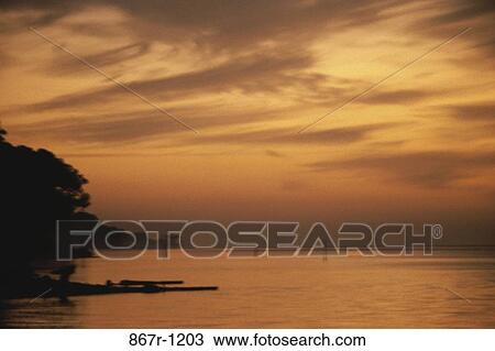 Stock Image - water, clouds, sunset, lake, nature, river, horizon. Fotosearch