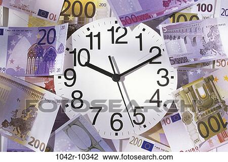 Stock Image - clock, industry, time, finance, still life, Time is Money, currency. Fotosearch