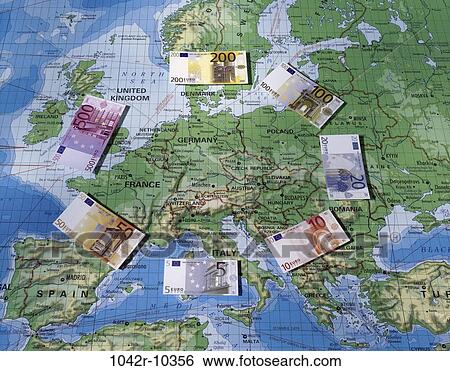 Stock Photograph - industry, map, finance, still life, currency, euro, Finance paper money. Fotosearch