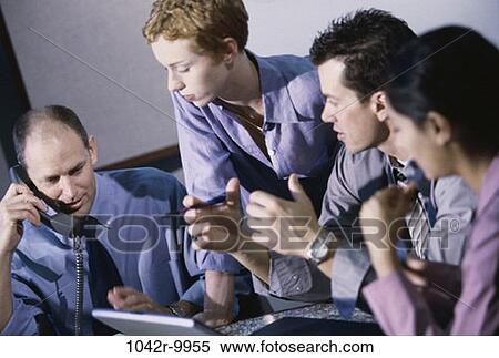 Stock Photography - meeting, group, multiethnic, telephone, talking, discussion, conversation. Fotosearch