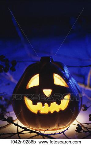 Stock Image - night, pumpkin, outdoors, glowing, Halloween, branches, still life. Fotosearch