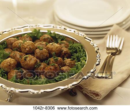 Stock Photograph - objects, food, meat, buffet, gravy, meatballs, Buffet still lifes. Fotosearch