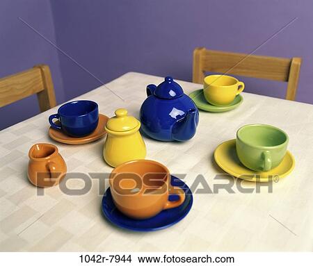 Picture - , overhead, tablecloth, objects, chairs, diversity, plates. Fotosearch