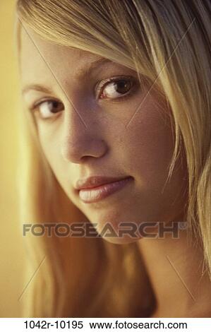 Stock Photography - people, blond, indoors, teenager, female, headshot. Fotosearch