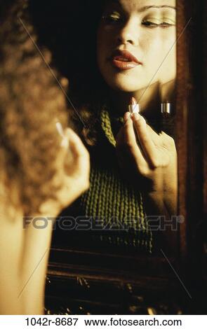 people, reflection, woman, mirror, makeup, lipstick, beauty View Large Photo Image Stock Photo - people, reflection, woman, mirror, makeup, lipstick, beauty. Fotosearch