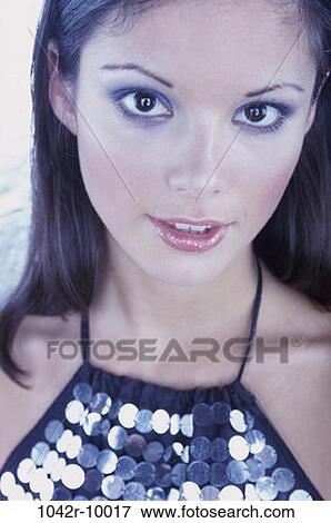 people, woman, brunette, indoors, sequins, headshot, Caucasian View Large Photo Image Stock Photo - people, woman, brunette, indoors, sequins, headshot, Caucasian. Fotosearch