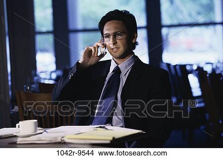Picture - talking, coffee, phone, notebook, business, Middle-aged. Fotosearch