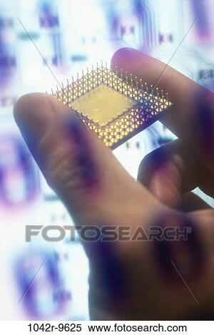 Stock Photography - technology, computer, fingers, still life, microchip, component, binary code. Fotosearch