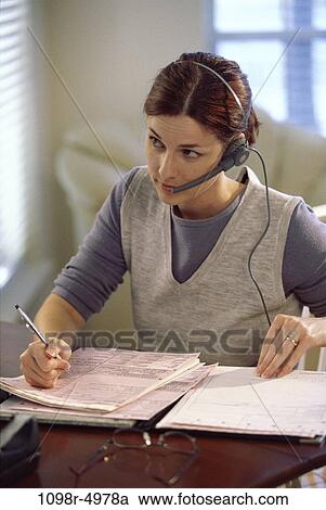 desk, home, woman, headset, talking, phone, business View Large Photo Image Stock Image - desk, home, woman, headset, talking, phone, business. Fotosearch
