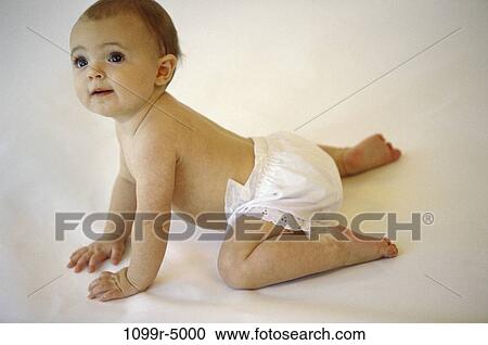 Stock Image - people, diaper, baby, curious, propped, crawling. Fotosearch